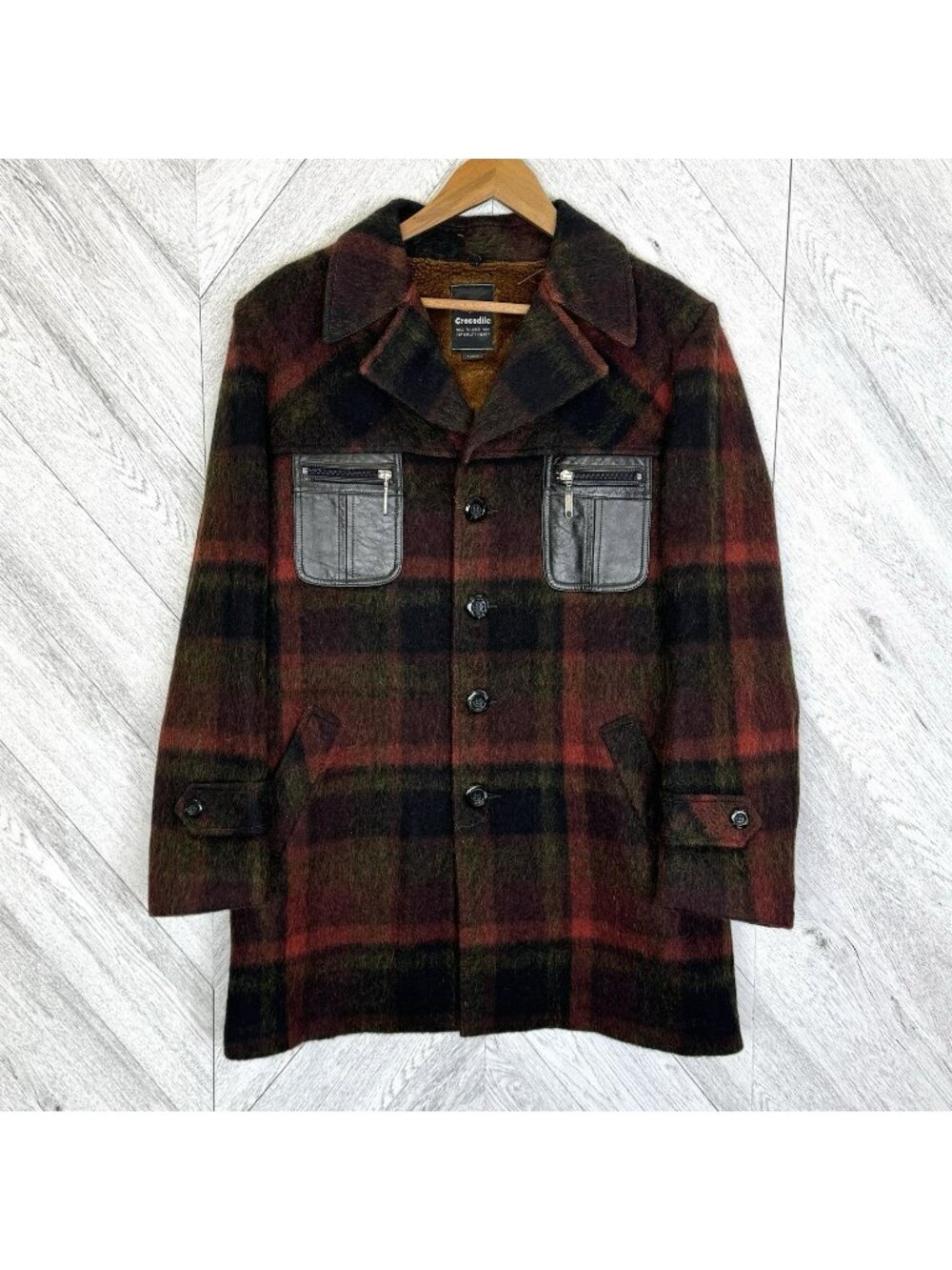 Vintage 70s Plaid Car Ranch Coat Mens Medium Wool Blend Faux Shearling Lined